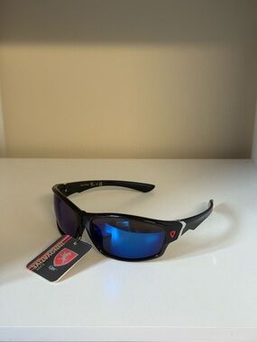 Men's Polarized Wrap Sunglasses - Black Frame with Blue Mirror Lenses
